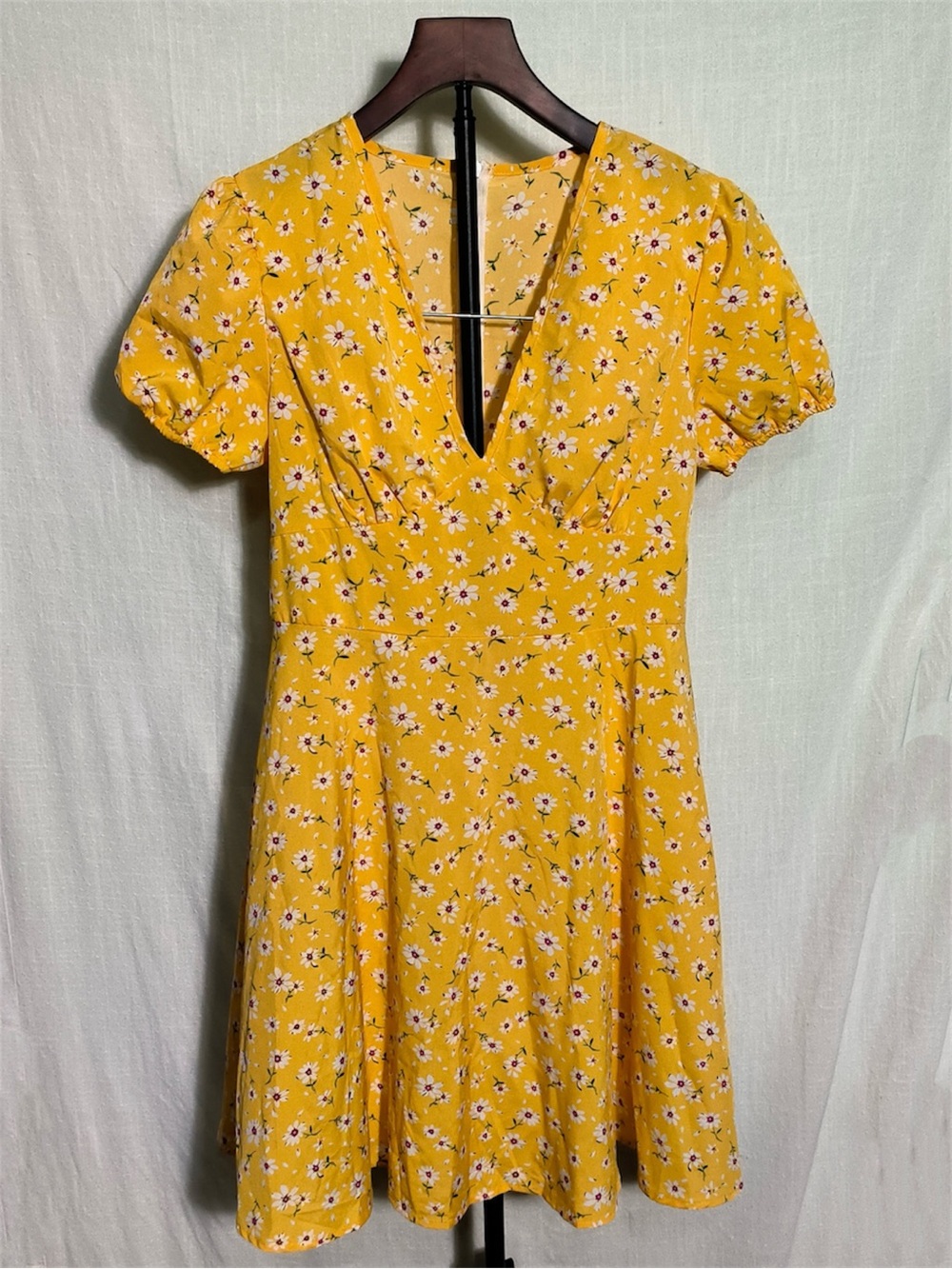 SHEIN Yellow Floral Puff Sleeve Mini Dress Size M Cottagecore Summer Dress